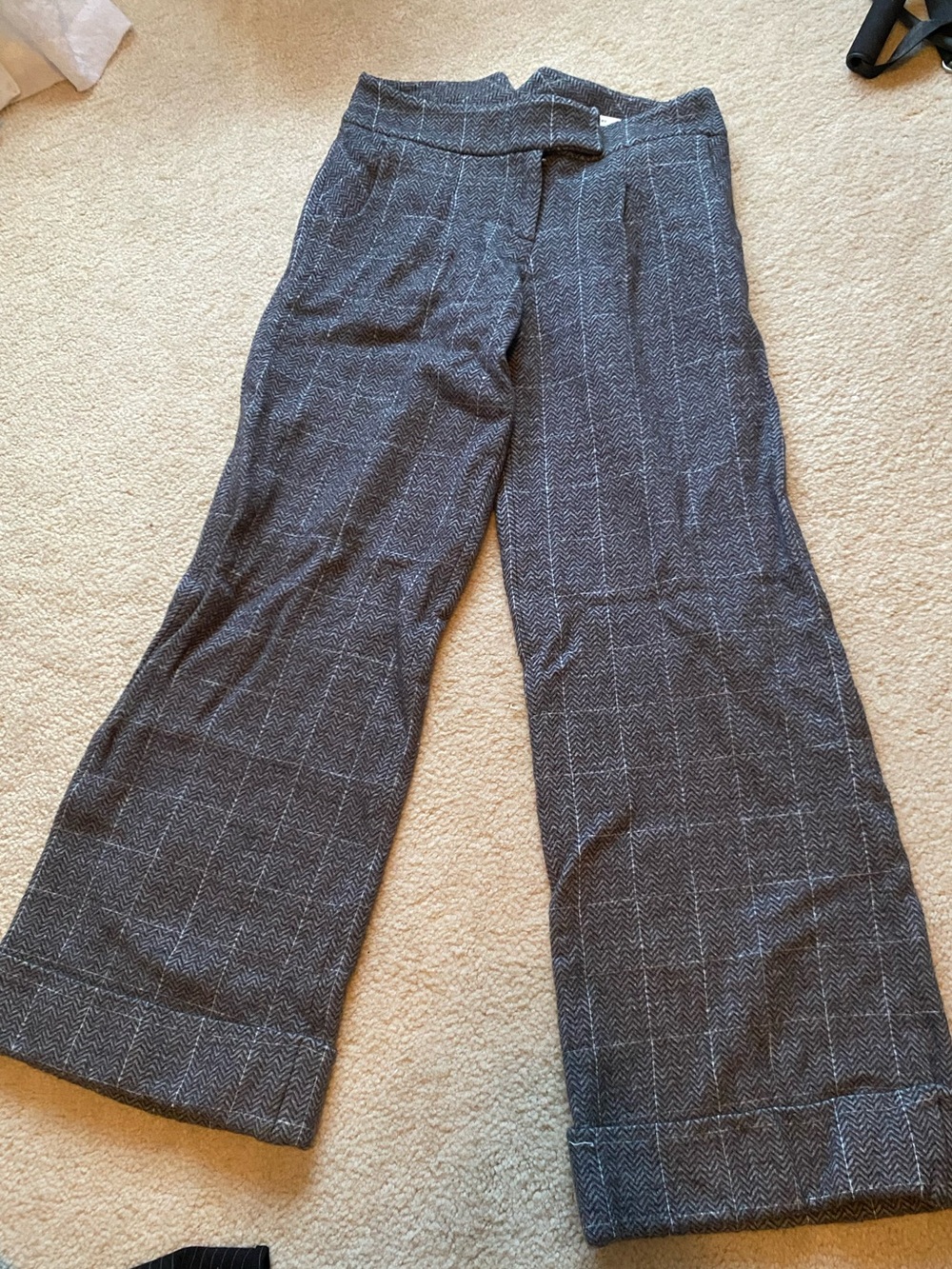 Diane Von Furstenberg Gray Herringbone Wide-Leg Trousers